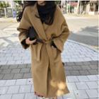 Notch Lapel Open Front Coat With Sash Camel - One Size