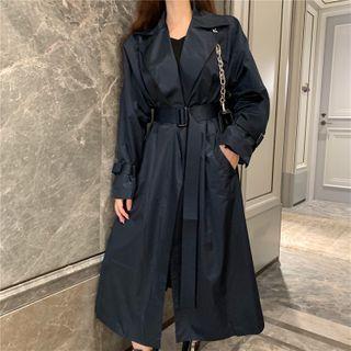 Plain Belted Trench Coat Blue - One Size