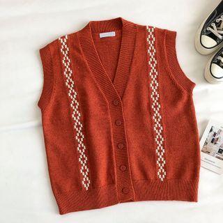 Color-block V-neck Single-breasted Knit Vest Red - One Size