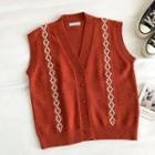 Color-block V-neck Single-breasted Knit Vest Red - One Size