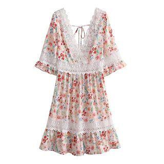 Elbow-sleeve V-neck Lace Trim Floral A-line Dress