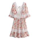Elbow-sleeve V-neck Lace Trim Floral A-line Dress