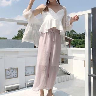 Spaghetti-strap Frill Hem Top / Wide-leg Pants / Lace Trim Light Jacket