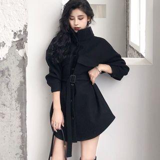 Tie-waist Buttoned Coat Black - One Size