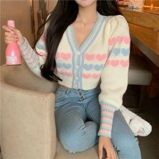 Lantern-sleeve Heart Print Cardigan Love Heart - White - One Size