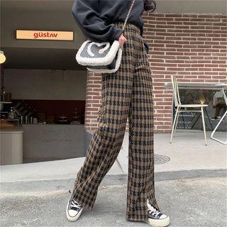 Slit-front Houndstooth Straight-cut Pants Coffee - One Size