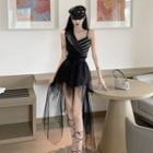 Beaded Asymmetrical Camisole Top / Mesh A-line Skirt
