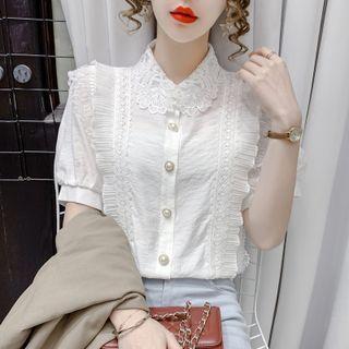 Short-sleeve Collar Lace Trim Blouse
