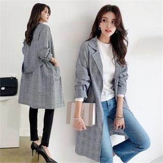 Open-front Longline Plaid Jacket Gray - One Size