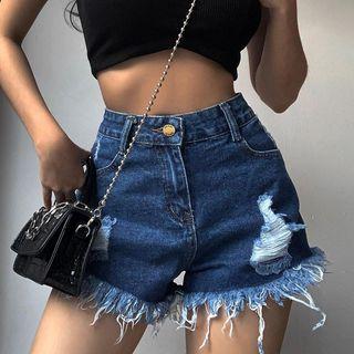 High Waist Ripped Raw Hem Denim Shorts
