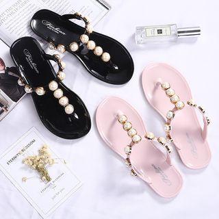 Faux-pearl T-strap Flat Slide Sandals