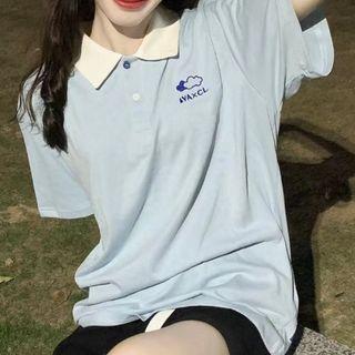 Cloud Embroidered Oversized Short Sleeve T-shirt Light Blue - One Size