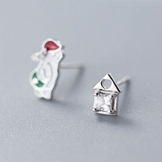 Non-matching 925 Sterling Silver Rabbit & Rhinestone Earring S925 Silver - 1 Pair - Green & Red & White & Silver - One Size