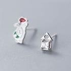 Non-matching 925 Sterling Silver Rabbit & Rhinestone Earring S925 Silver - 1 Pair - Green & Red & White & Silver - One Size