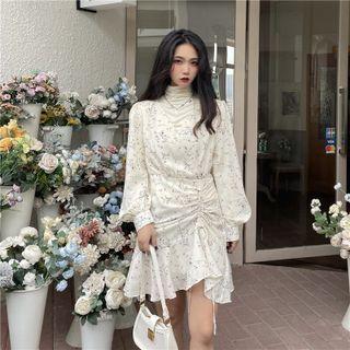 V-neck Floral Pleated Drawstring A-line Mini Dress