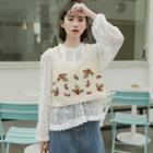 Long-sleeve Lace Blouse / Embroidered Knit Vest / Set