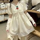 Set: Puff-sleeve Cherry Detail A-line Dress + Arm Sleeves Set Of 2 - Dress & Arm Sleeves - White - One Size