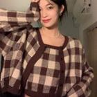 Set: Cropped Gingham Check Cardigan + Knit Camisole Top Set Of 2 - Plaid - Coffee - One Size