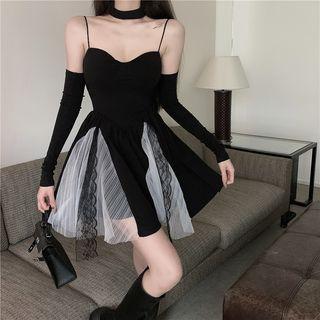 Set: Spaghetti Strap Lace Panel Mini A-line Dress + Arm Sleeves