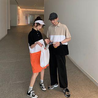 Couple Matching Color Block Elbow-sleeve Polo Shirt / Polo Shirt Dress
