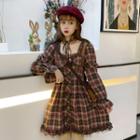Bell-sleeve Plaid A-line Dress With Choker - As Shown In Figure - One Size