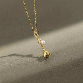 925 Sterling Silver Faux Pearl Rose Pendant Necklace