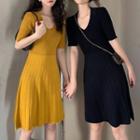 V-neck Plain Knit Mini A-line Dress