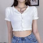 Short-sleeve Ruffle Trim Button-up Crop Top