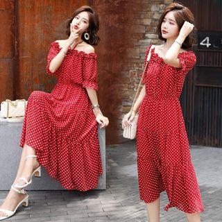 Off-shoulder Dotted Elbow-sleeve Midi A-line Dress
