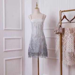 Rhinestone Strap Fringed Mesh Mini Dress