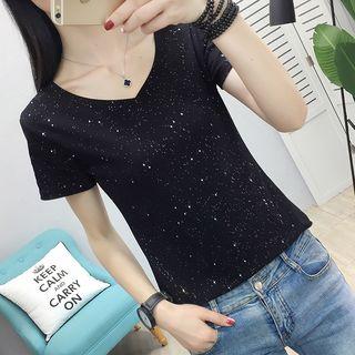 Short-sleeve V-neck Sequined T-shirt
