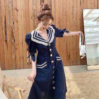 Short-sleeve Star Shape Buttoned A-line Midi Dress