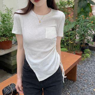 Short-sleeve Drawstring Plain Asymmetrical Hem Top