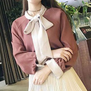 Color Panel Bow Accent Long Sleeve Top