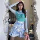Long-sleeve Plain Slim-fit Top / Shirred Sleeveless Top / Tie-dyed High-waist Skirt