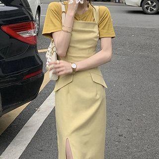Set: Short-sleeve T-shirt + Slit Midi Sheath Overall Dress
