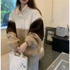 Long-sleeve High-neck Color Block Fleece Sweatshirt