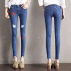 Embroidered Distressed Skinny Jeans
