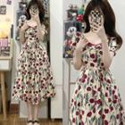 Short-sleeve Floral Midi A-line Dress Red Flowers - Almond - One Size