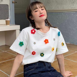 Elbow-sleeve Flower Applique T-shirt White - One Size