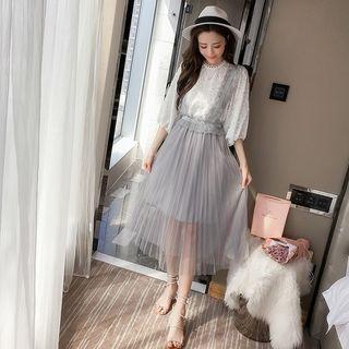 Set: Elbow-sleeve Blouse + Suspender Skirt