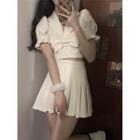 Puff-sleeve Bow Blouse / Pleated Mini A-line Skirt
