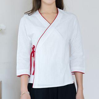 3/4-sleeve Linen Wrap Blouse / Wide Leg Pants