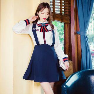 Inset Bow-accent Shirt A-line Suspender Dress