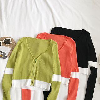 Contrast Trim Cropped Zip Lightweight Knit Cardigan