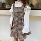 Ruffle Trim Blouse / Plaid Pinafore Dress