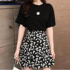 Set: Flower Embroidered Short-sleeve T-shirt + Floral Print Mini A-line Skirt