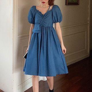 Puff-sleeve Midi A-line Denim Dress Blue - One Size