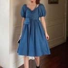 Puff-sleeve Midi A-line Denim Dress Blue - One Size