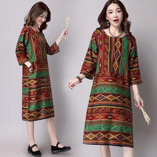Patterned 3/4-sleeve Midi Dress